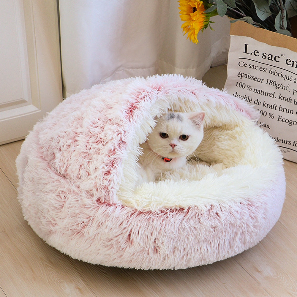 Cama redonda de felpa semicerrada para mascotas, casa cálida para perros y gatos, nido para gatos, perrera, sofá, esterilla, cesta, saco de dormir, caliente, Invierno