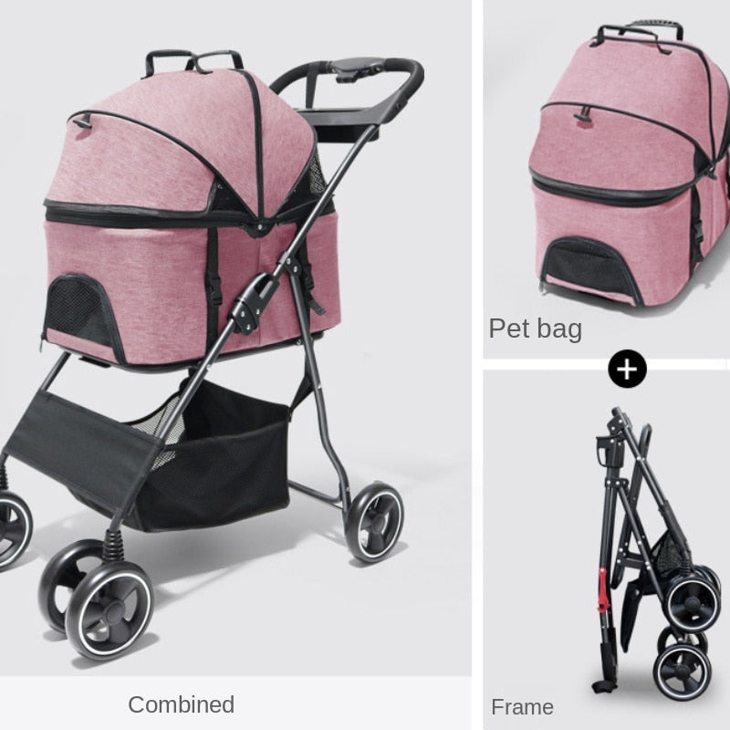 Cochecito de 4 ruedas para mascotas, bolsa pequeña de viaje plegable y desmontable, portátil, para viaje, equipaje ligero