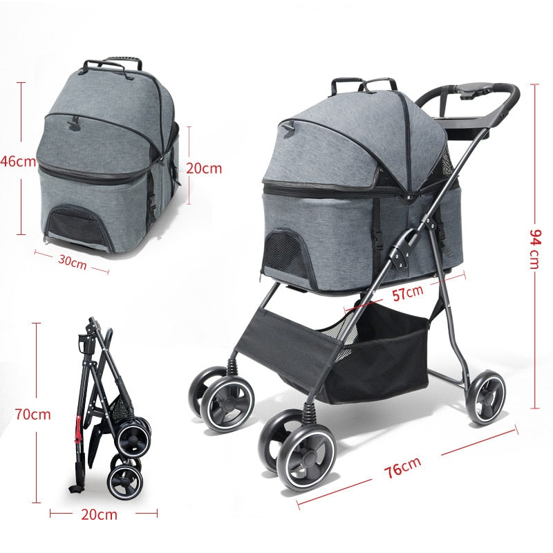 Cochecito de 4 ruedas para mascotas, bolsa pequeña de viaje plegable y desmontable, portátil, para viaje, equipaje ligero