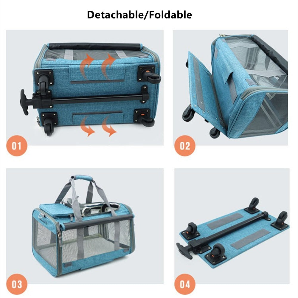 Maleta desmontable plegable para mascotas, bolso de hombro para gato y perro, Maleta de gran espacio, equipaje de viaje, cochecito con ruedas transpirables