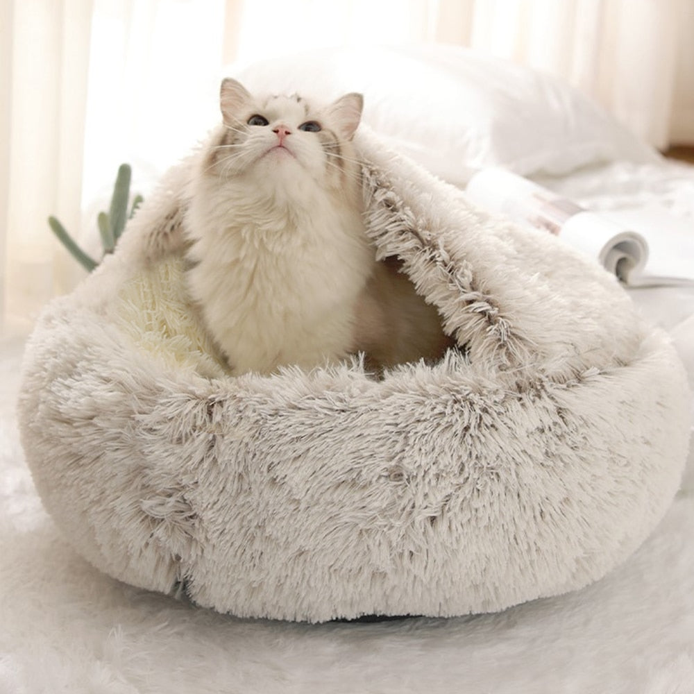 Cama redonda de felpa semicerrada para mascotas, casa cálida para perros y gatos, nido para gatos, perrera, sofá, esterilla, cesta, saco de dormir, caliente, Invierno