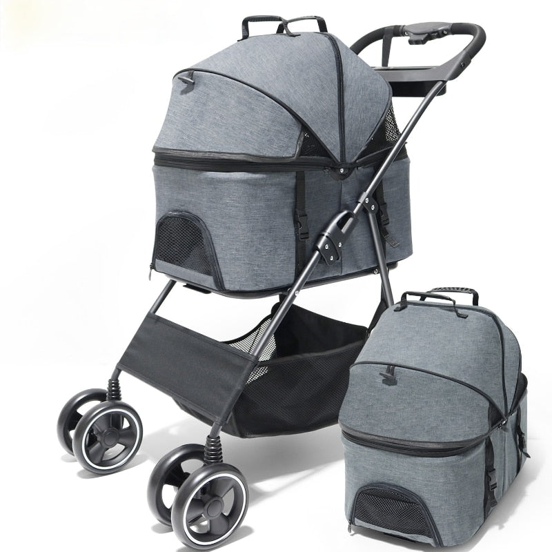 Cochecito de 4 ruedas para mascotas, bolsa pequeña de viaje plegable y desmontable, portátil, para viaje, equipaje ligero